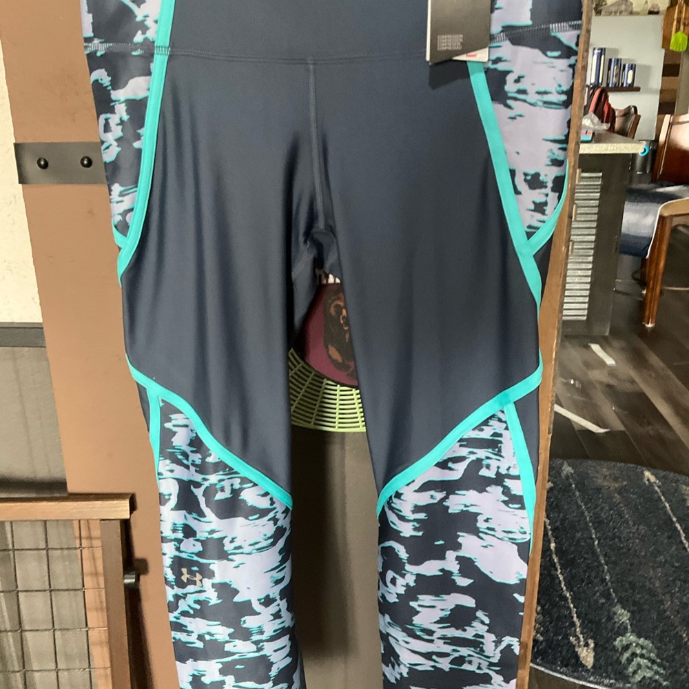 Under Armour Navy Leggings with Teal Accents and Aqua Camo Panels
